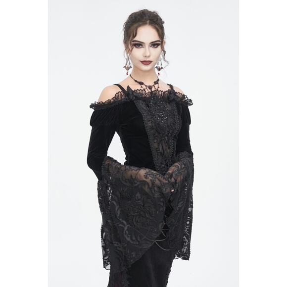 Devil Fashion Gothic Victorian Vampire Black Velvet Beaded Rose & Lace Top - Picture 12 of 16